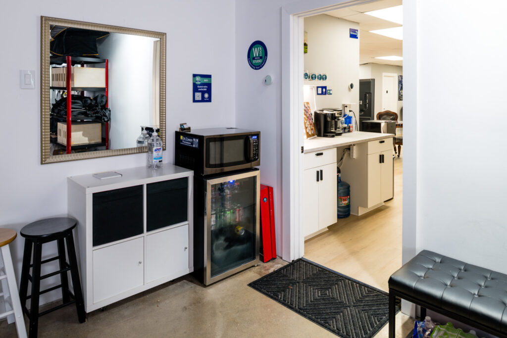 Microwave and beverage cooler for clients comforts