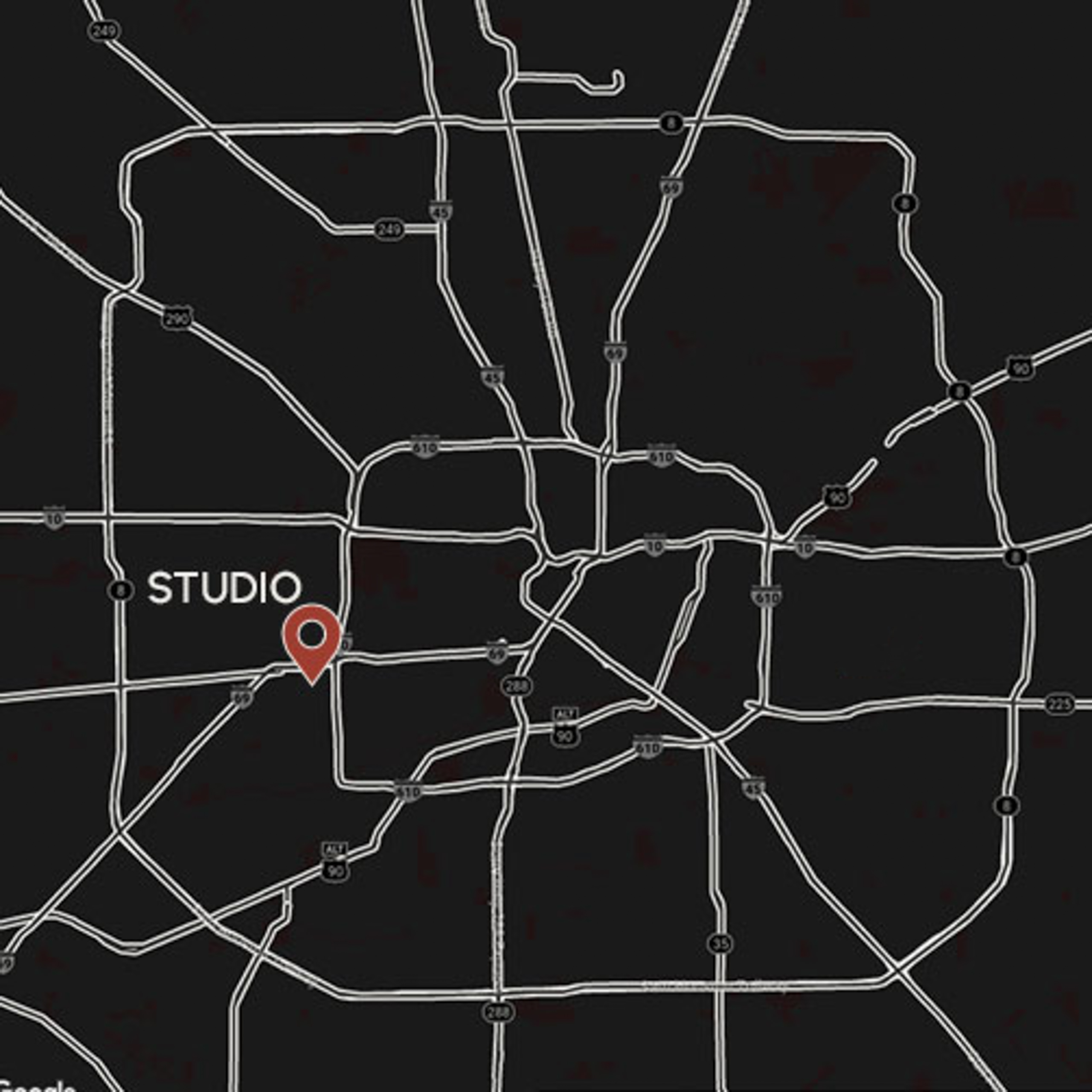 Houston map displaying the location of west loop rental studio with a map pin